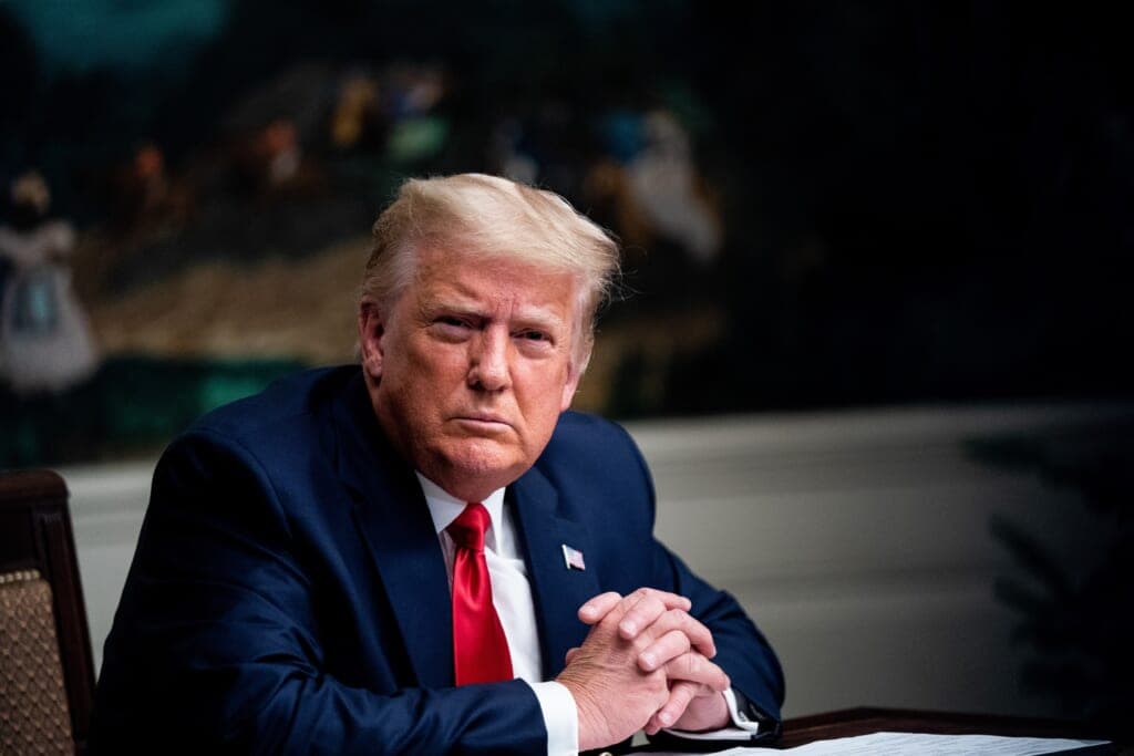 President Trump Participates In Thanksgiving Video Teleconference With Military Members