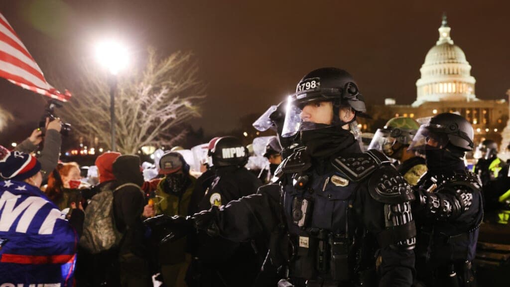 Members of the National Guard and Washington, D.C., police keep demonstrators away from the Capital 