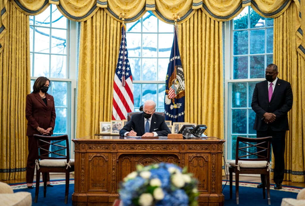 Vice President Kamala Harris, President Joe Biden and Secretary of Defense Lloyd Austin