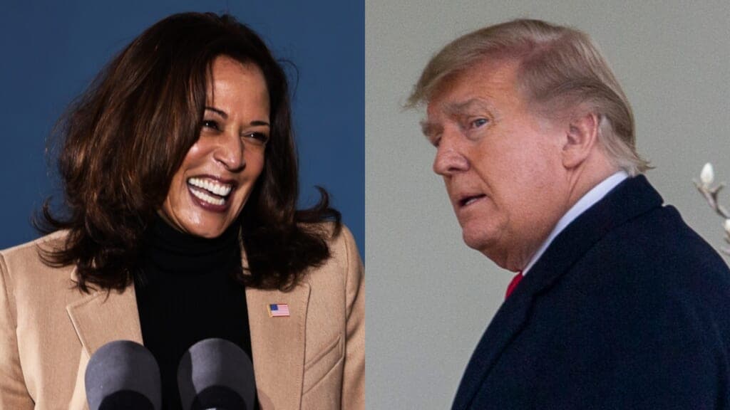 Vice President Kamala Harris in a light brown jacket and former President Donald Trump in a blue jacket and red tie