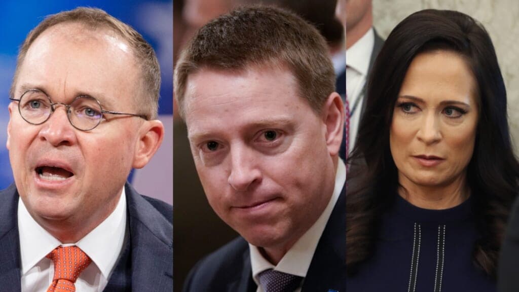 White House staffers Mick Mulvaney, Matthew Pottinger, and Stephanie Grisham