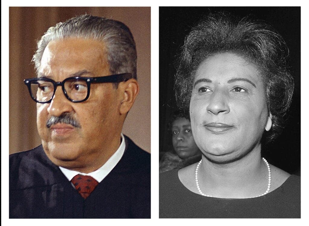 Supreme Court Associate Justice Thurgood Marshall next to a black-and-white photo of Constance Baker Motley
