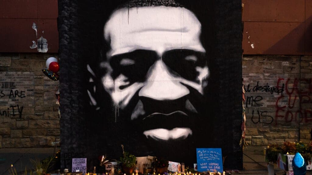 A portrait of George Floyd at a memorial site known as “George Floyd Square”