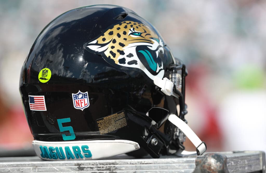 A Jacksonville Jaguars football helmet 