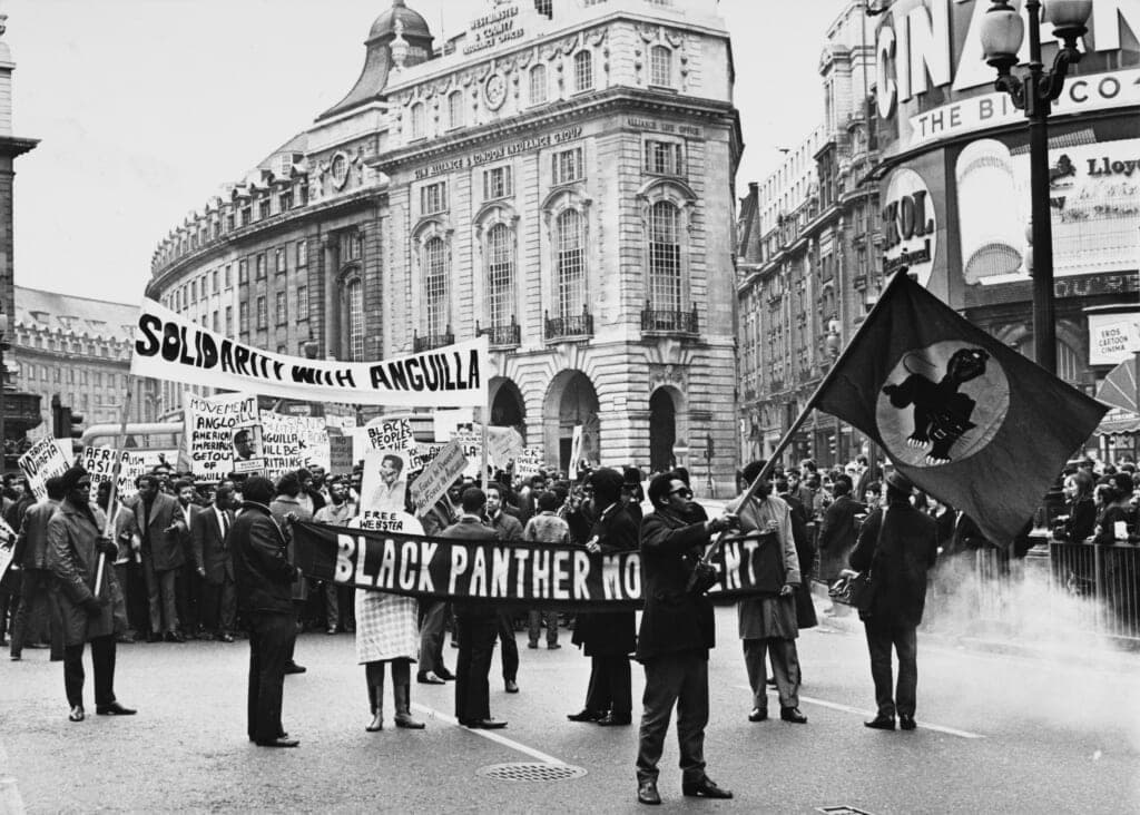 A protest against the British invasion of Anguilla, supported by the Black Panther Movement