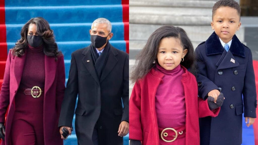 Michelle and Barack Obama in their inaugural outfits, recreated by child models Ryleigh Madison Hampton and Zayden Lowe