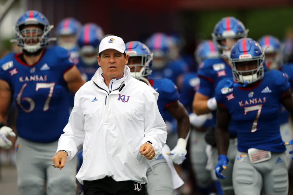 Head coach Les Miles of the Kansas Jayhawks