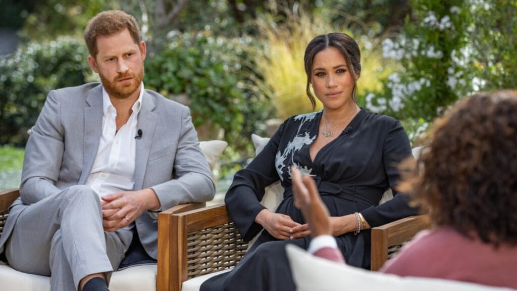 Prince Harry and Meghan Markle being interviewed by Oprah Winfrey