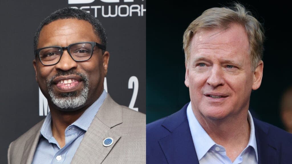 NAACP President and CEO Derrick Johnson beside NFL Commissioner Roger Goodell