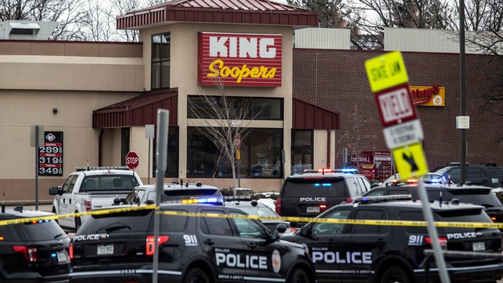 Police respond at a King Sooper’s grocery store where a gunman opened fire