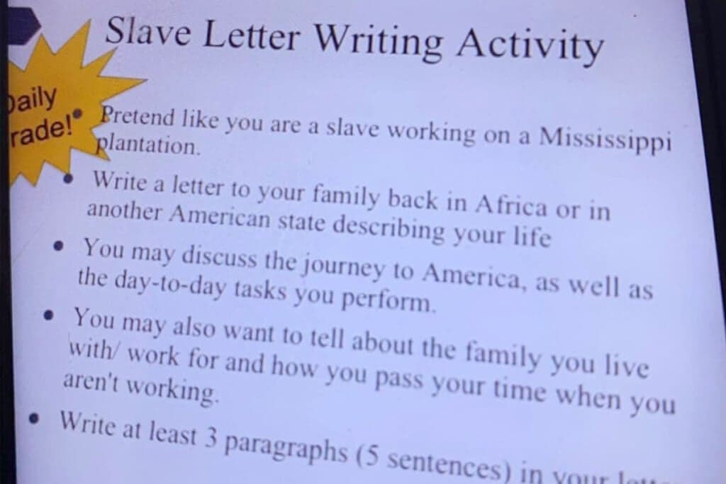 Screenshot of a student assignment titled, "Slave Letter Writing Activity"