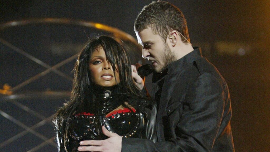 Singers Janet Jackson and Justin Timberlake moments before the famous "wardrobe malfunction"