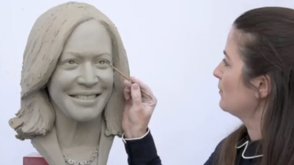 Sculptor Vicky Grant creates a clay bust of Vice President Kamala Harris