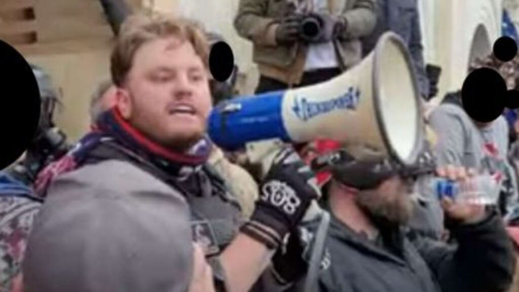 Capitol rioter Anthony Antonio holding a bullhorn