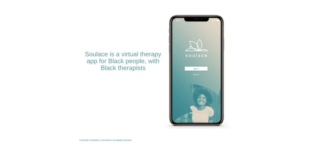 A cell phone displays the words "Soulace is a virtual therapy app for Black people, with Black therapists"