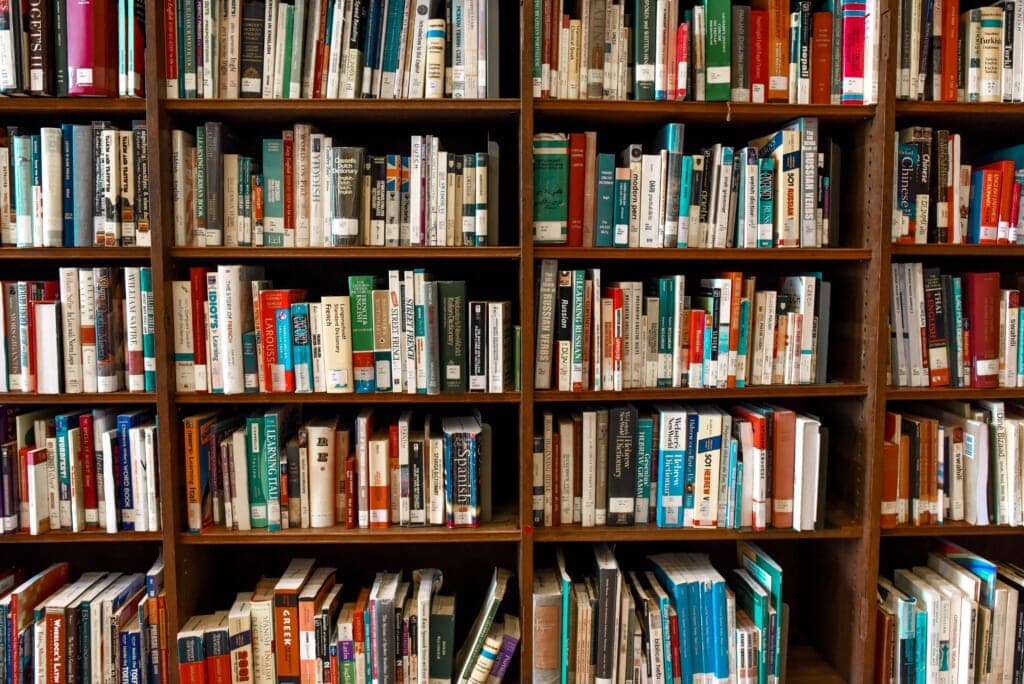Books on shelves in a library