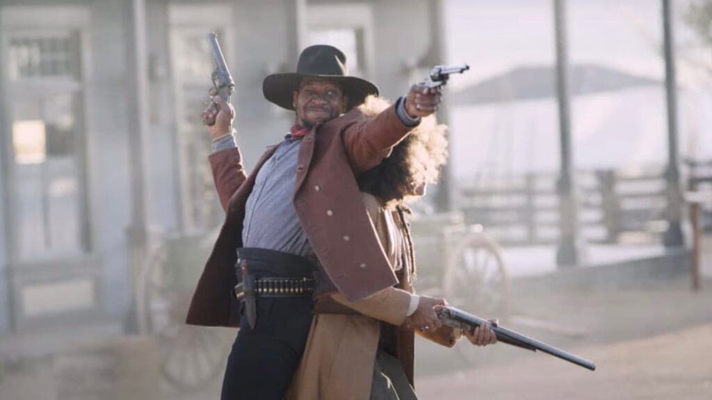A scene from the all-Black Western “The Harder They Fall,” starring Jonathan Majors