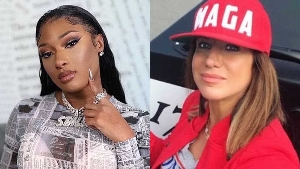 Rapper Megan Thee Stallion, wearing a newspaper print dress, and Republican policitian DeAnna Lorraine