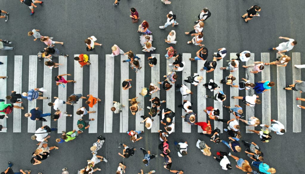 People in a crosswalk from above