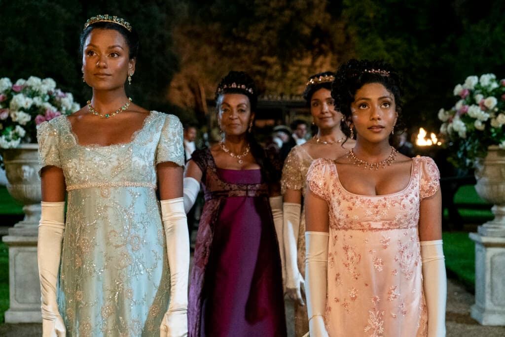 Simone Ashley, Adjoa Andoh, Shelley Conn and Charithra Chandran in "Bridgerton"