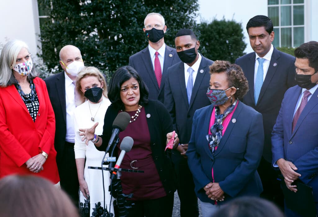 Rep. Pramila Jayapal (D-WA) speaks alongside fellow progressive lawmakers