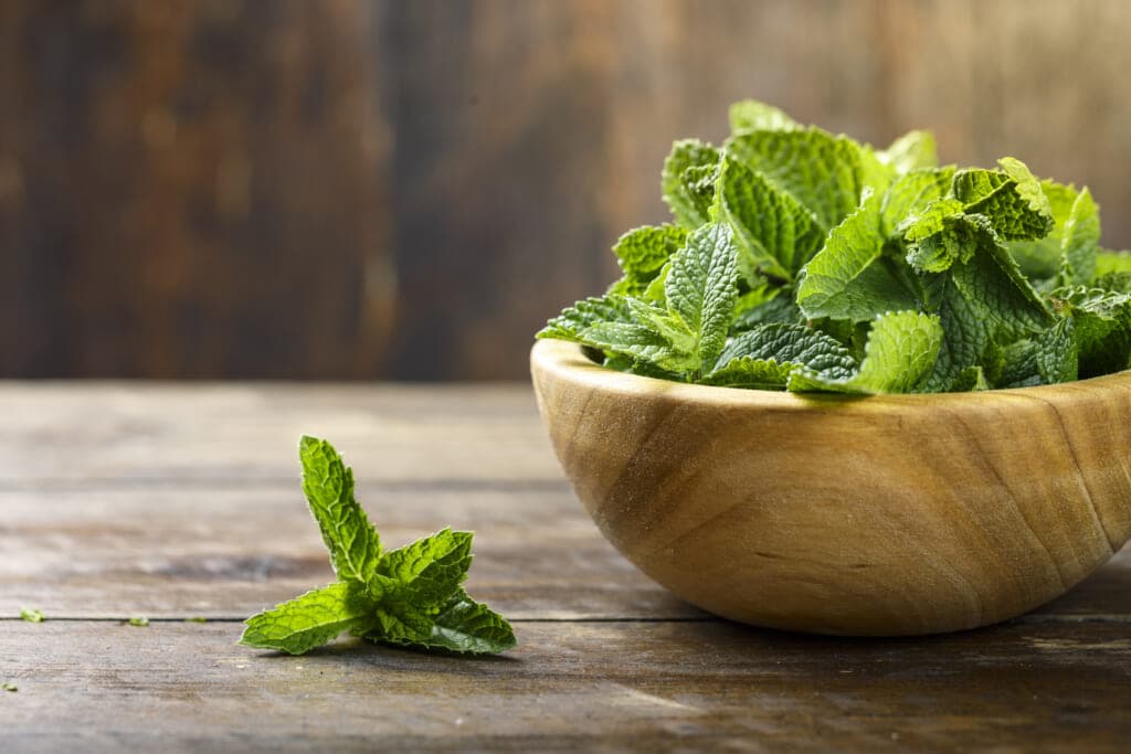 A wooden bowl of mint leaves