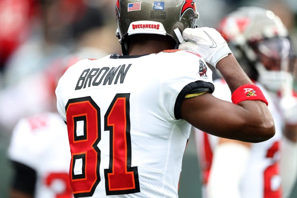Football player Antonio Brown of the Tampa Bay Buccaneers wearing his team uniform and helmet
