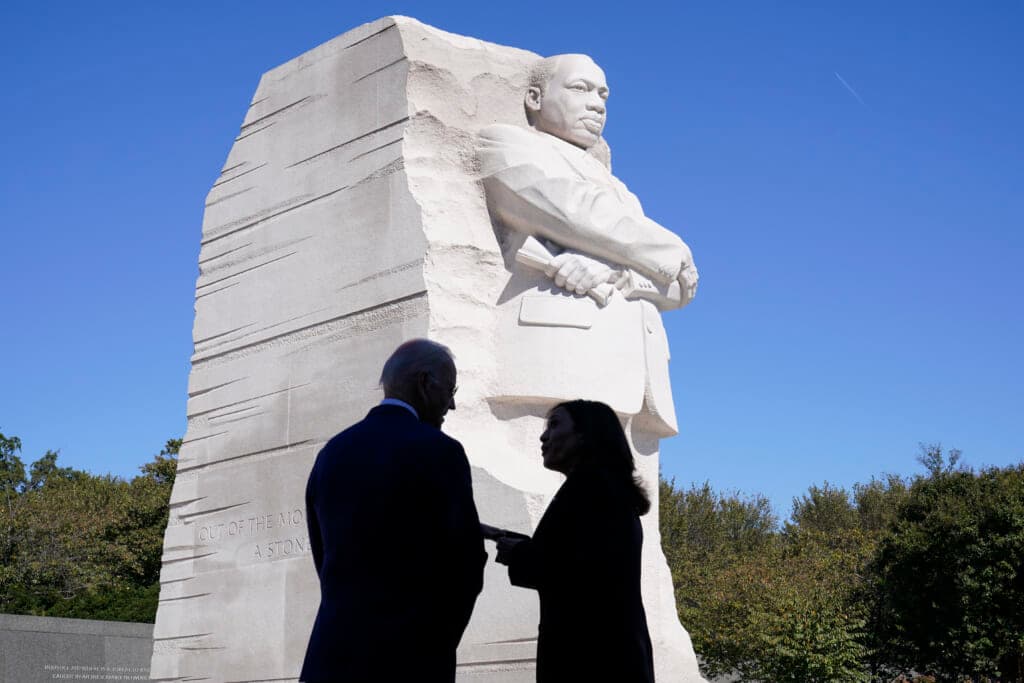 President Joe Biden and Vice President Kamala Harris stand together at the Martin Luther King, Jr. Memorial