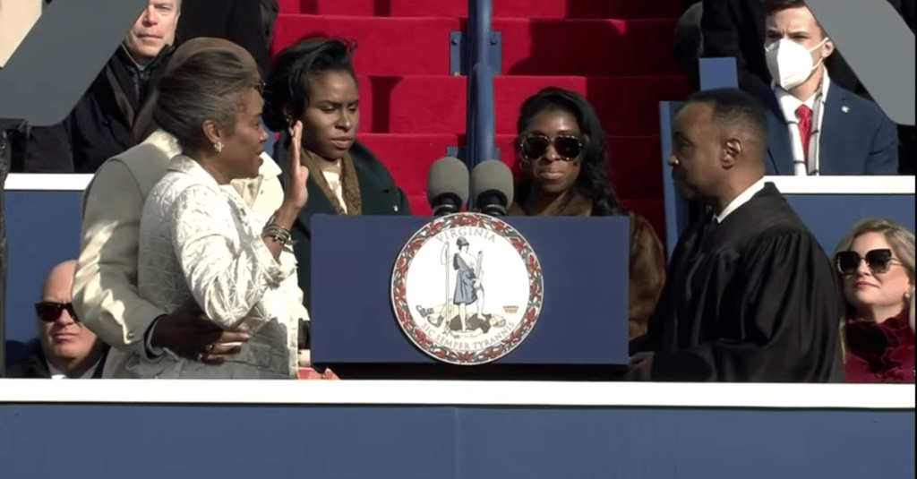 Republican Lieutenant Governor Winsome Sears of Virginia raises her hand as she is sworn into office