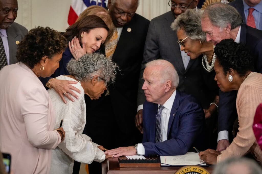 Vice President Kamala Harris, activist and retired educator Opal Lee and President Joe Biden
