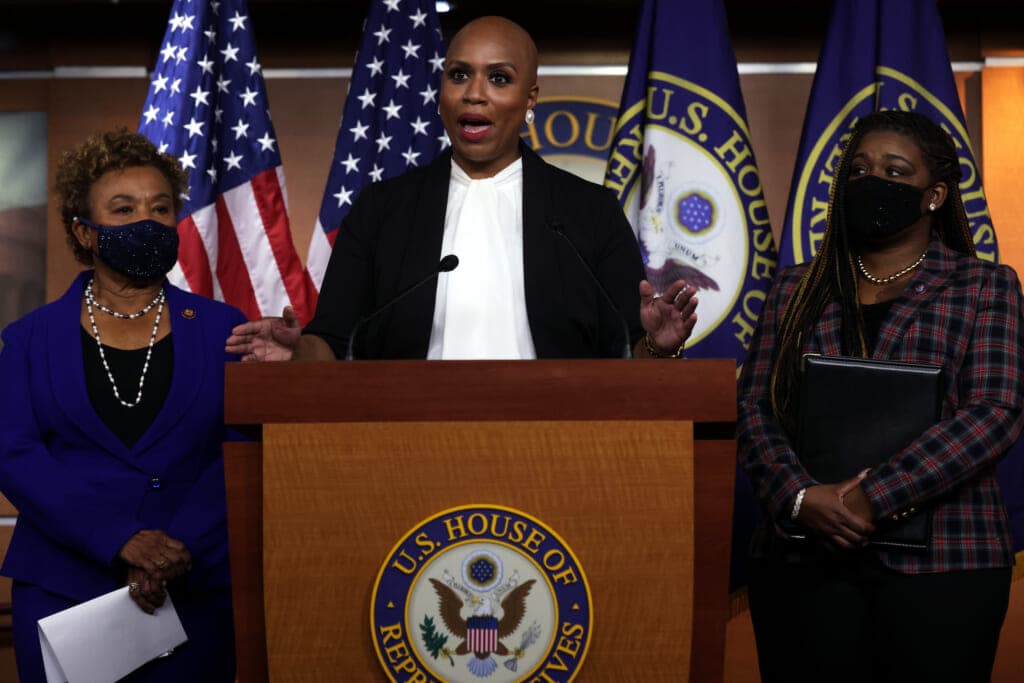 Democratic Representatives Barbara Lee of California, Ayanna Pressley of Massachusetts and Cori Bush of Missouri