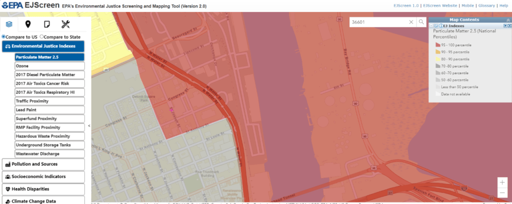 An EPA environmental justice map shows air quality in the 36601 zip code area