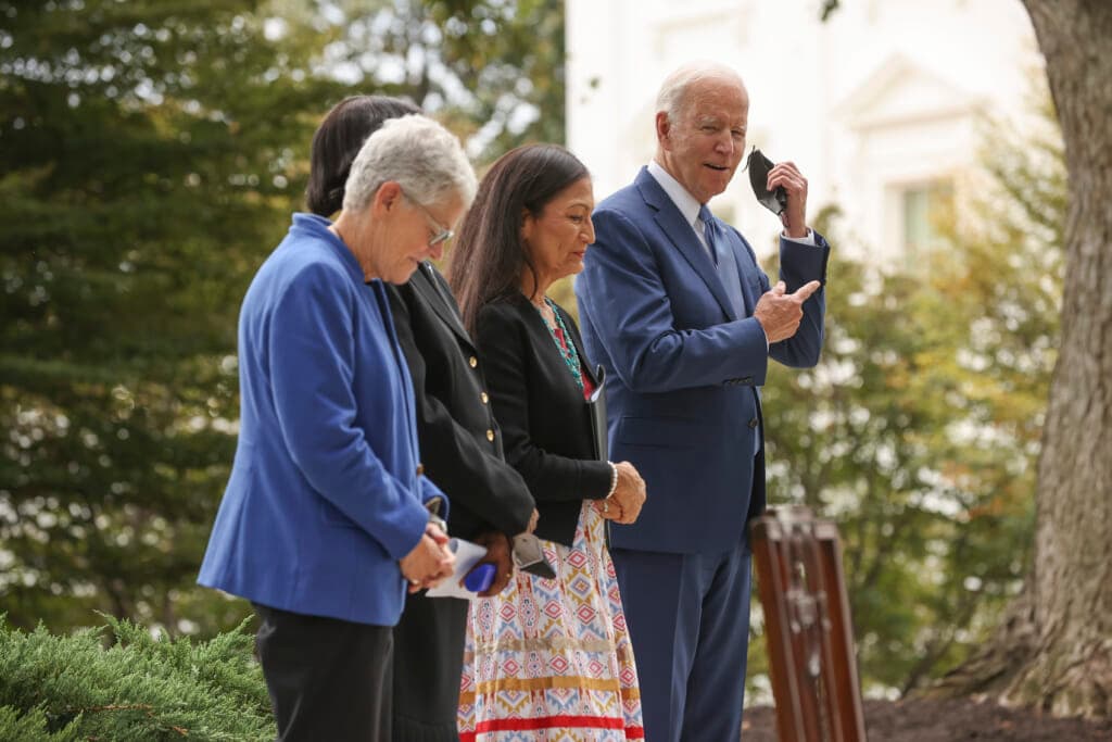 National Climate Advisor Gina McCarthy, Brenda Mallory, Secretary of the Interior Deb Haaland and President Joe Biden