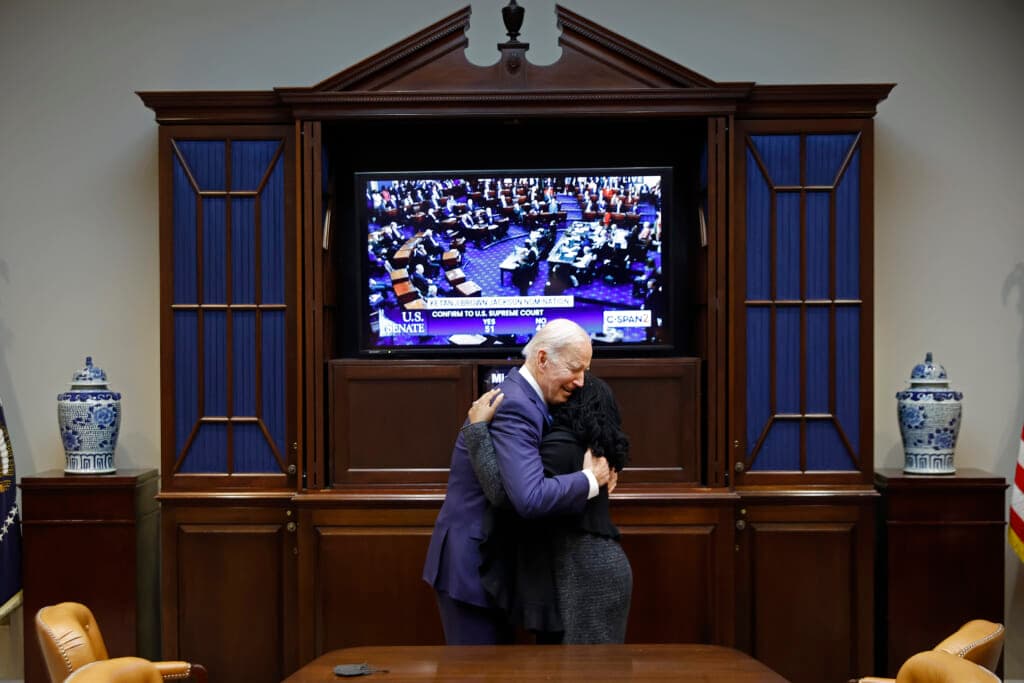 President Joe Biden embraces Ketanji Brown Jackson