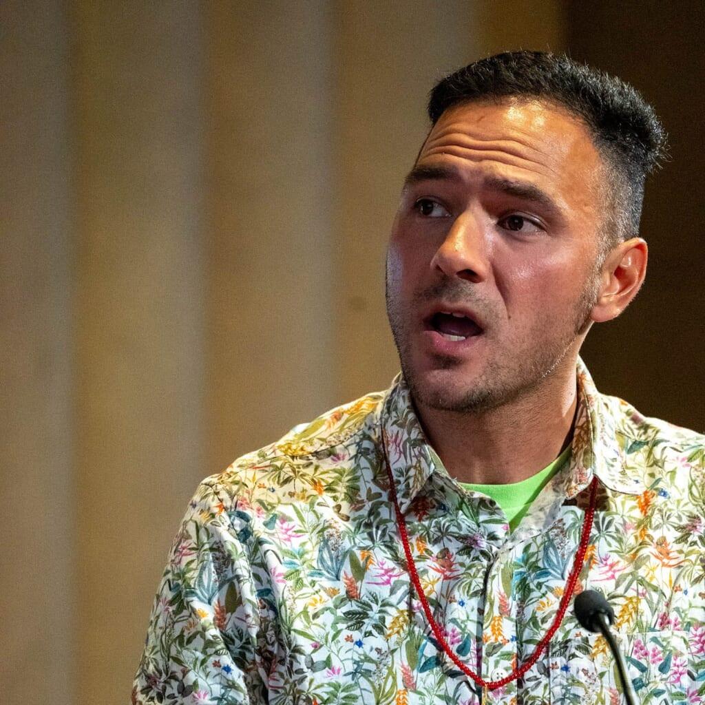Ramsey Sprague, president of the Mobile Environmental Justice Action Coalition, wearing a floral print shirt