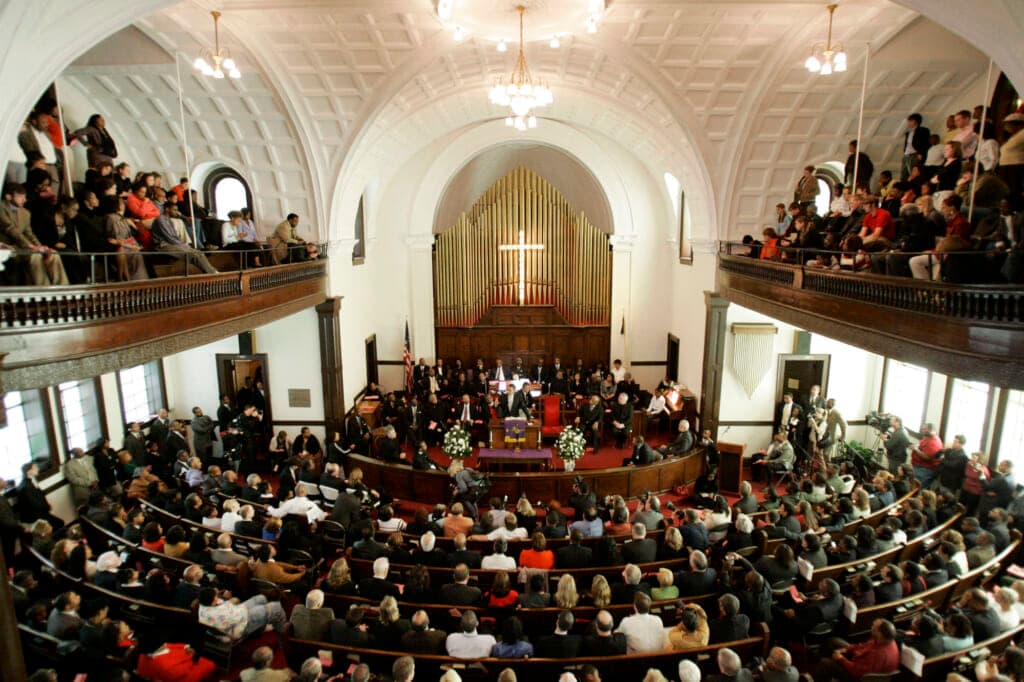 Former President Barack Obama at Brown Chapel AME Church in Selma, Ala.