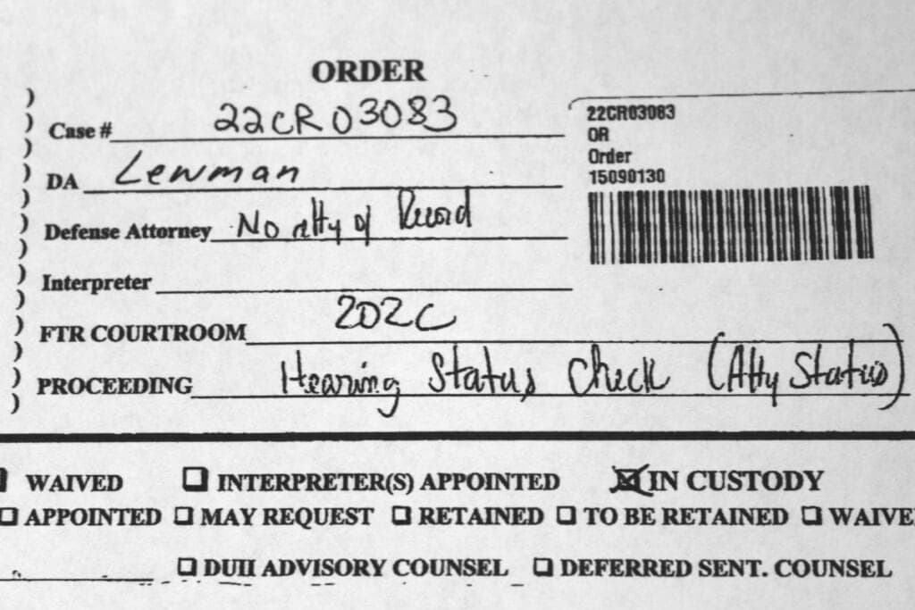 Courtroom notes record a defendant not having a defense attorney provided for a hearing
