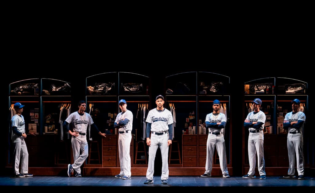 Jesse Williams, center, during a performance of the Broadway revival of the baseball-themed “Take Me Out”