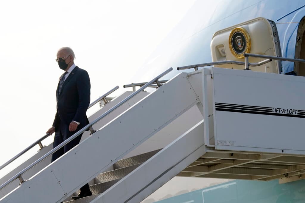 President Joe Biden exits Air Force One