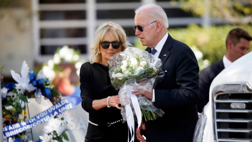 President Joe Biden and First Lady Jill Biden arrive at a memorial outside Robb Elementary School