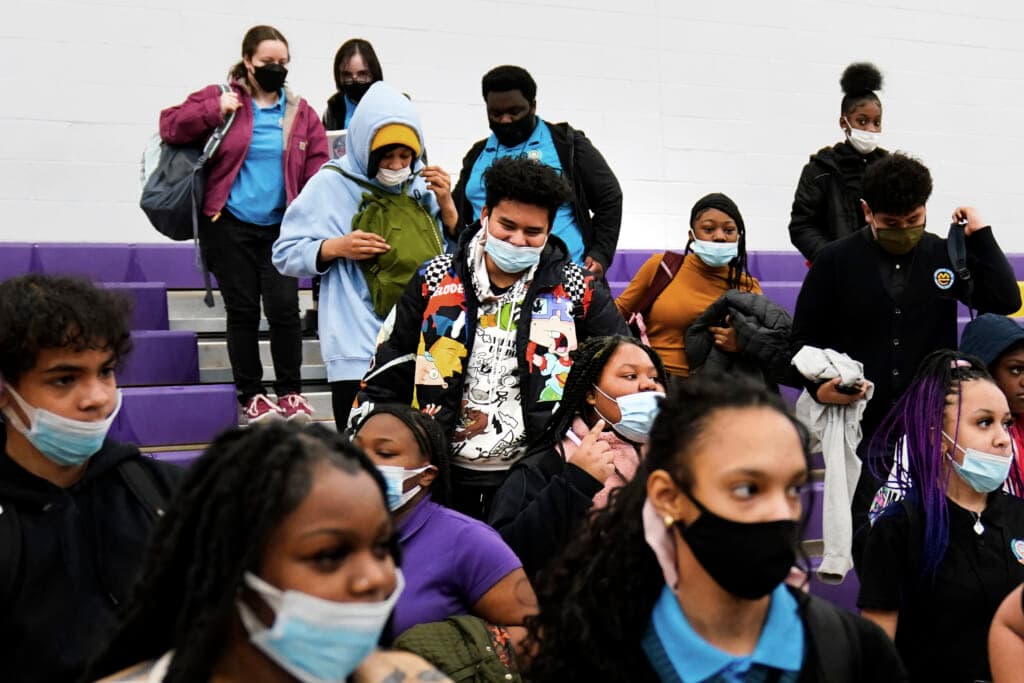 A group of students wearing face masks
