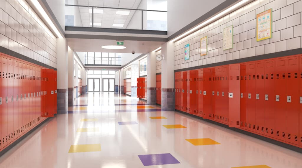 A school hallway showing lockers