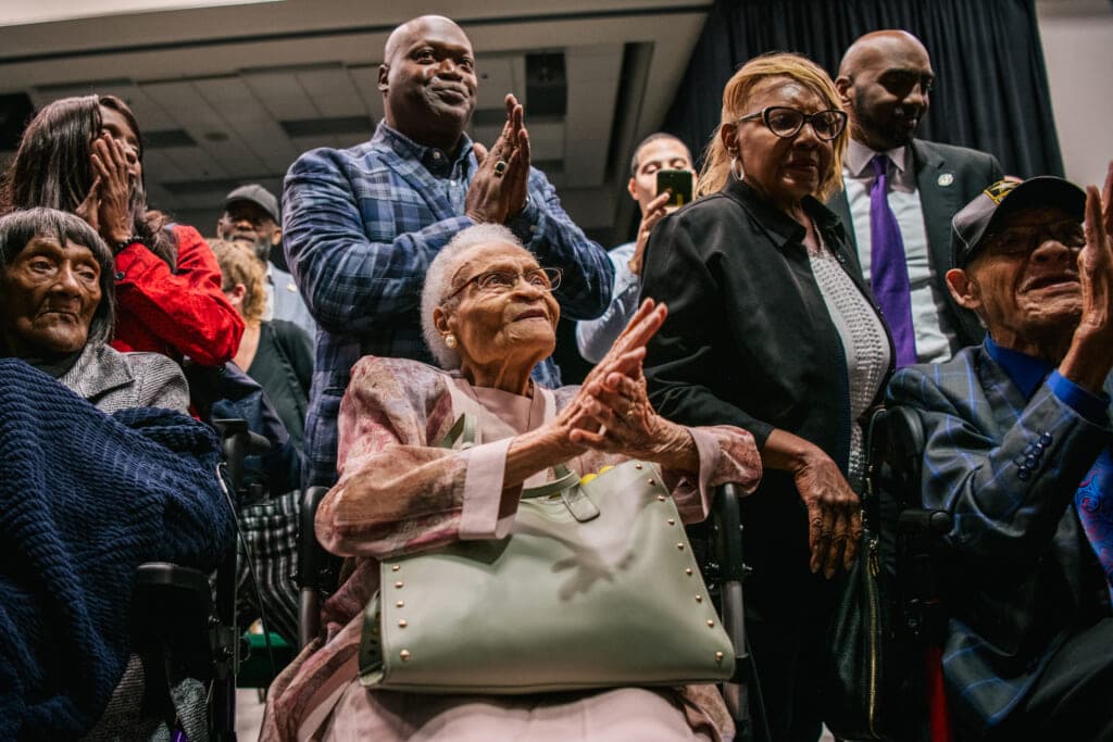 Tulsa Race Massacre survivors Lessie Benningfield Randle, Viola Fletcher and Hughes Van Ellis
