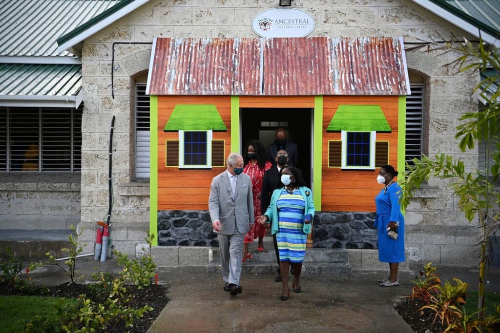 Britain’s Prince Charles, with Ingrid Thompson, chief archivist, visits The National Archives in Bridgetown, Barbados
