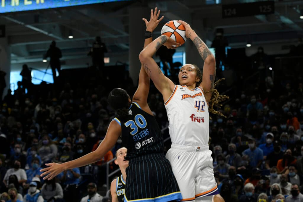 Phoenix Mercury’s Brittney Griner shoots against Chicago Sky’s Azura Stevens