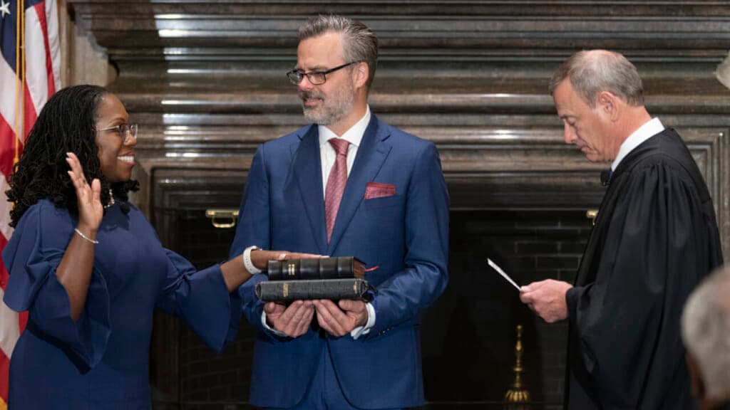 Supreme Court Chief Justice John G. Roberts, Jr. administers the Constitutional Oath to Judge Ketanji Brown Jackson