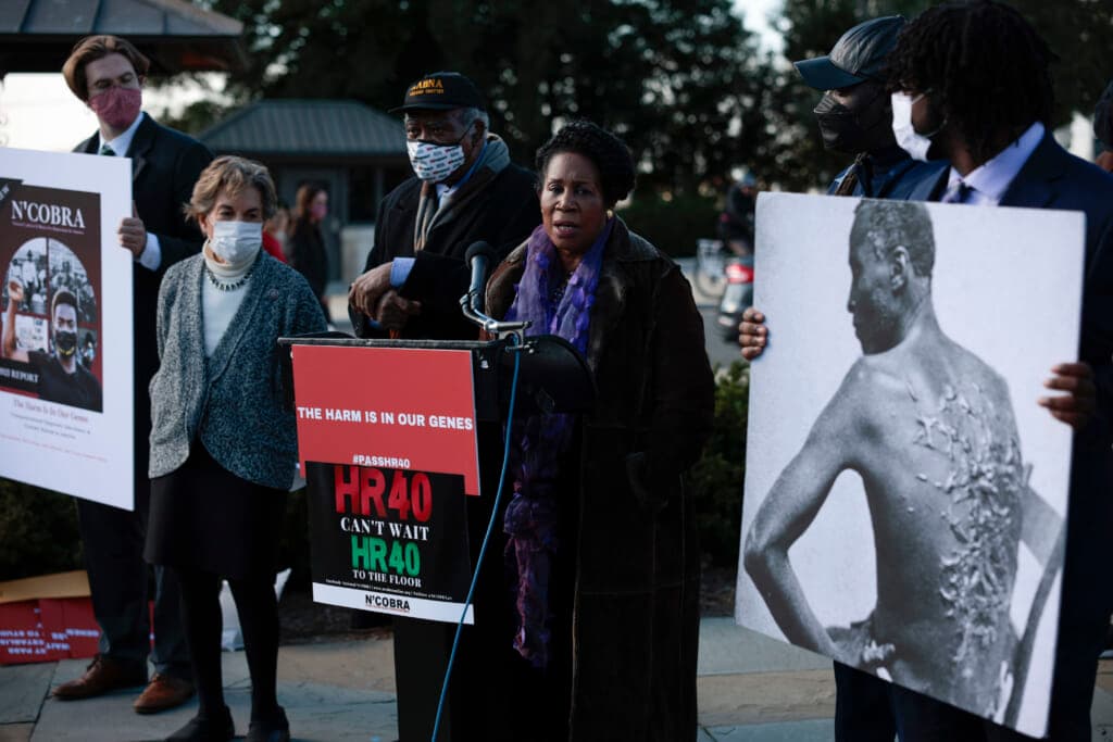 Rep. Sheila Jackson Lee (D-Texas) speaks at a press conference