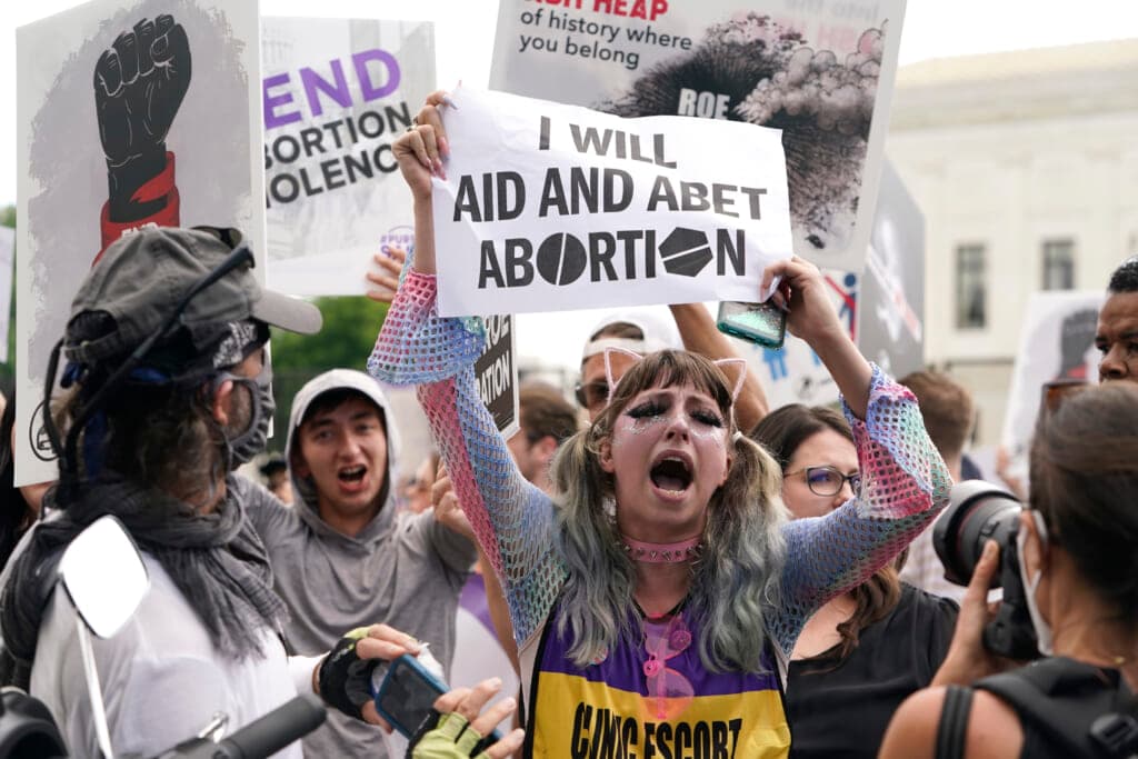 A woman with pigtails holds up a sign reading "I Will Aid and Abet Abortion" in a crowd of protestors