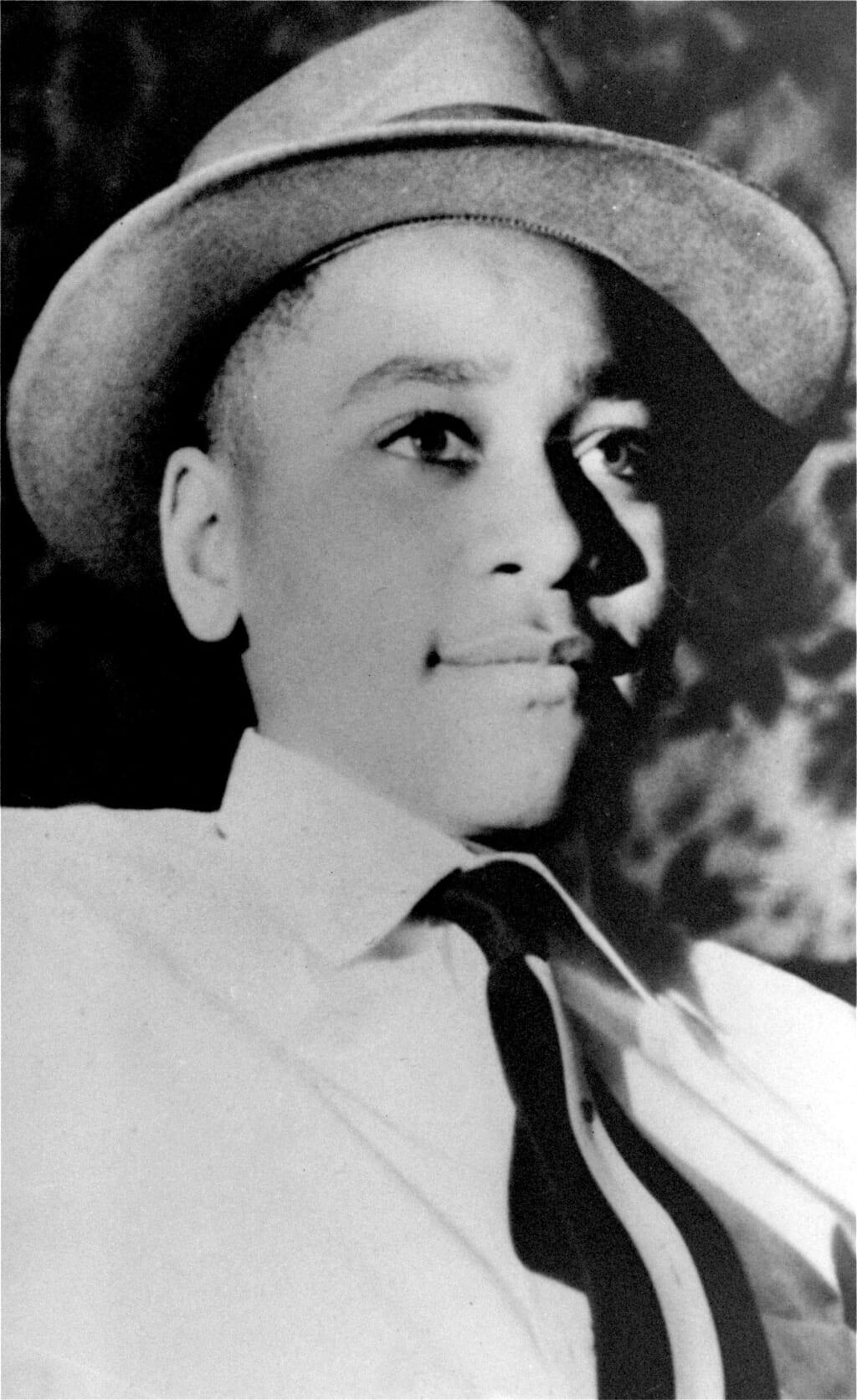 Black-and-white photo of Emmett Louis Till, a 14-year-old boy lynched in 1955