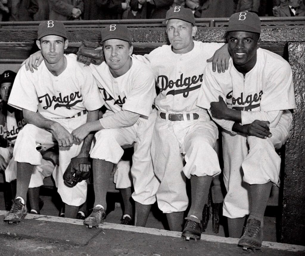 Brooklyn Dodgers players John Jorgensen, Pee Wee Reese, Ed Stanky and Jackie Robinson